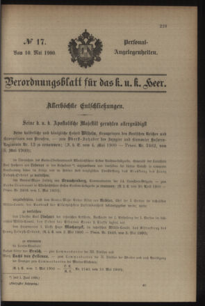 Kaiserlich-königliches Armee-Verordnungsblatt: Personal-Angelegenheiten 19000510 Seite: 1