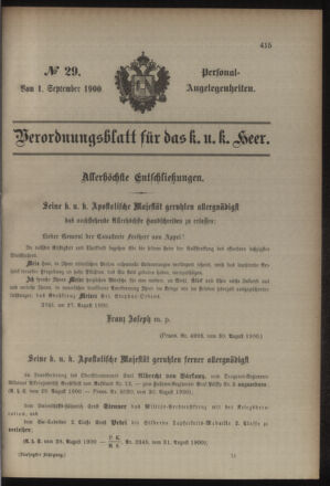 Kaiserlich-königliches Armee-Verordnungsblatt: Personal-Angelegenheiten 19000901 Seite: 1