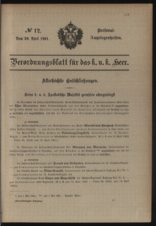 Kaiserlich-königliches Armee-Verordnungsblatt: Personal-Angelegenheiten 19010420 Seite: 1