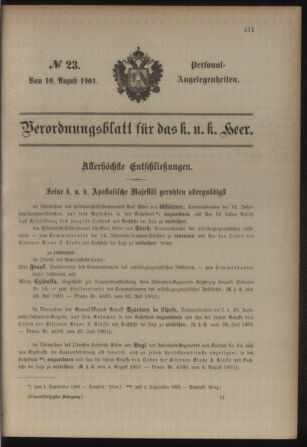 Kaiserlich-königliches Armee-Verordnungsblatt: Personal-Angelegenheiten 19010810 Seite: 1