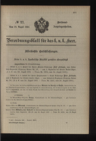 Kaiserlich-königliches Armee-Verordnungsblatt: Personal-Angelegenheiten 19010828 Seite: 1