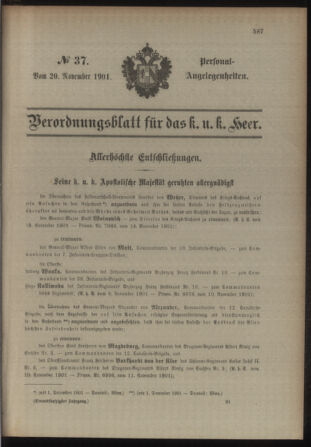 Kaiserlich-königliches Armee-Verordnungsblatt: Personal-Angelegenheiten 19011120 Seite: 1