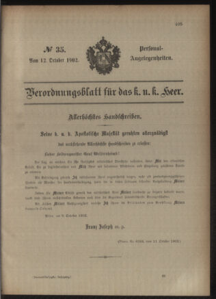 Kaiserlich-königliches Armee-Verordnungsblatt: Personal-Angelegenheiten 19021012 Seite: 1