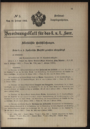 Kaiserlich-königliches Armee-Verordnungsblatt: Personal-Angelegenheiten 19030210 Seite: 1