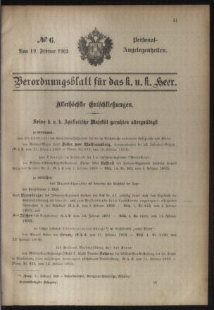 Kaiserlich-königliches Armee-Verordnungsblatt: Personal-Angelegenheiten 19030219 Seite: 1