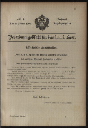 Kaiserlich-königliches Armee-Verordnungsblatt: Personal-Angelegenheiten 19030225 Seite: 1