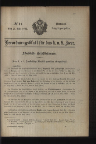 Kaiserlich-königliches Armee-Verordnungsblatt: Personal-Angelegenheiten 19030321 Seite: 1