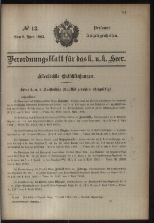 Kaiserlich-königliches Armee-Verordnungsblatt: Personal-Angelegenheiten 19030409 Seite: 1