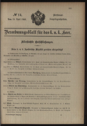 Kaiserlich-königliches Armee-Verordnungsblatt: Personal-Angelegenheiten 19030418 Seite: 1