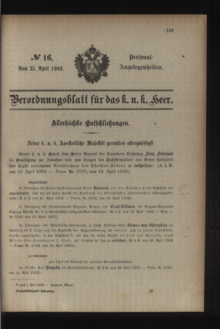 Kaiserlich-königliches Armee-Verordnungsblatt: Personal-Angelegenheiten 19030425 Seite: 1