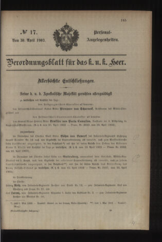 Kaiserlich-königliches Armee-Verordnungsblatt: Personal-Angelegenheiten 19030430 Seite: 1