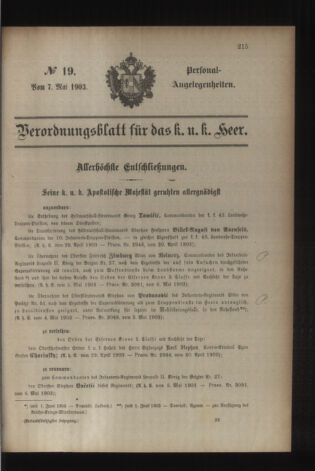 Kaiserlich-königliches Armee-Verordnungsblatt: Personal-Angelegenheiten 19030507 Seite: 1