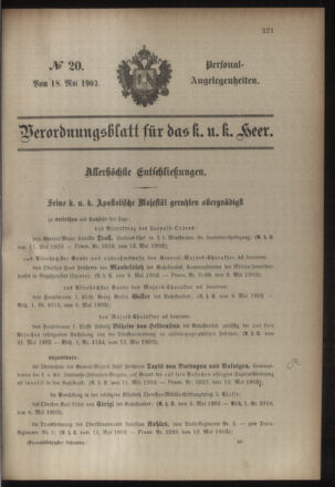 Kaiserlich-königliches Armee-Verordnungsblatt: Personal-Angelegenheiten 19030517 Seite: 1