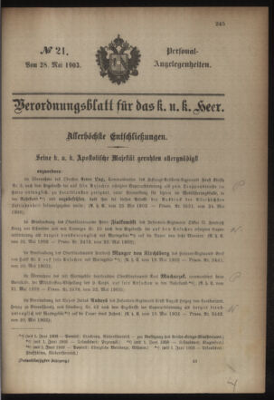 Kaiserlich-königliches Armee-Verordnungsblatt: Personal-Angelegenheiten 19030528 Seite: 1