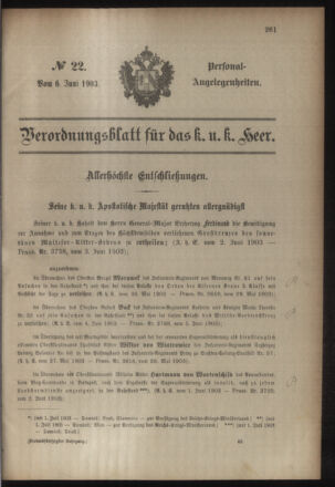 Kaiserlich-königliches Armee-Verordnungsblatt: Personal-Angelegenheiten 19030606 Seite: 1