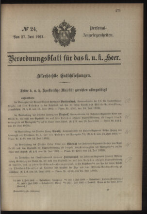 Kaiserlich-königliches Armee-Verordnungsblatt: Personal-Angelegenheiten 19030627 Seite: 1