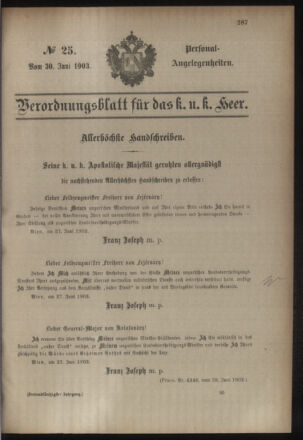 Kaiserlich-königliches Armee-Verordnungsblatt: Personal-Angelegenheiten 19030630 Seite: 1