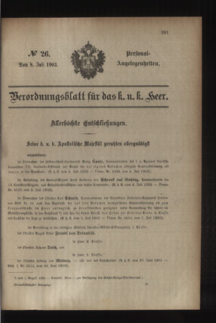 Kaiserlich-königliches Armee-Verordnungsblatt: Personal-Angelegenheiten 19030708 Seite: 1