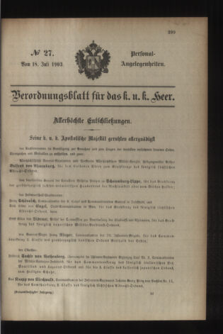 Kaiserlich-königliches Armee-Verordnungsblatt: Personal-Angelegenheiten 19030718 Seite: 1