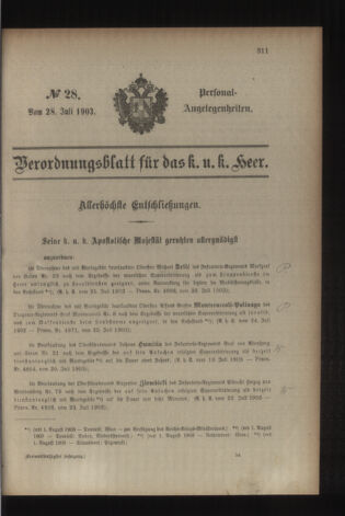 Kaiserlich-königliches Armee-Verordnungsblatt: Personal-Angelegenheiten 19030728 Seite: 1