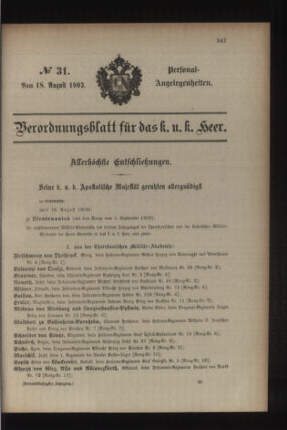 Kaiserlich-königliches Armee-Verordnungsblatt: Personal-Angelegenheiten 19030818 Seite: 1