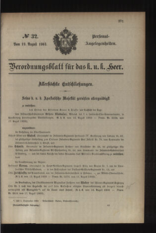 Kaiserlich-königliches Armee-Verordnungsblatt: Personal-Angelegenheiten 19030819 Seite: 1