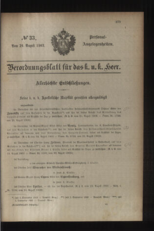 Kaiserlich-königliches Armee-Verordnungsblatt: Personal-Angelegenheiten 19030829 Seite: 1