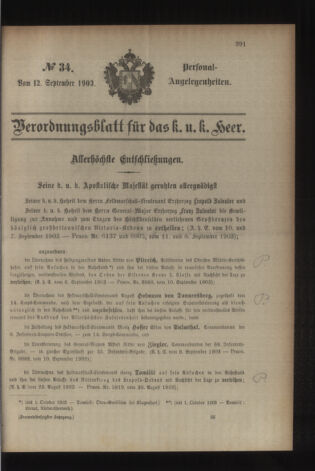 Kaiserlich-königliches Armee-Verordnungsblatt: Personal-Angelegenheiten 19030912 Seite: 1