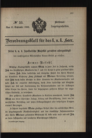 Kaiserlich-königliches Armee-Verordnungsblatt: Personal-Angelegenheiten 19030917 Seite: 1