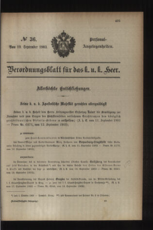 Kaiserlich-königliches Armee-Verordnungsblatt: Personal-Angelegenheiten 19030919 Seite: 1