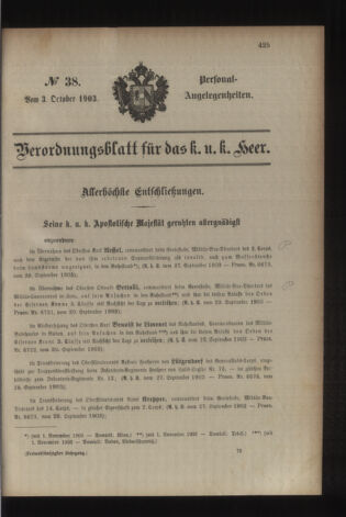 Kaiserlich-königliches Armee-Verordnungsblatt: Personal-Angelegenheiten 19031003 Seite: 1