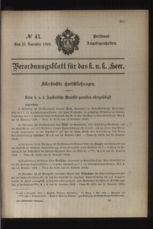 Kaiserlich-königliches Armee-Verordnungsblatt: Personal-Angelegenheiten 19031127 Seite: 1