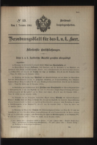 Kaiserlich-königliches Armee-Verordnungsblatt: Personal-Angelegenheiten 19031207 Seite: 1