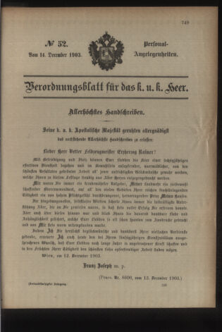 Kaiserlich-königliches Armee-Verordnungsblatt: Personal-Angelegenheiten 19031214 Seite: 1