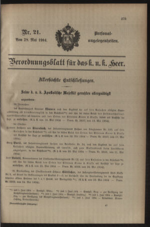 Kaiserlich-königliches Armee-Verordnungsblatt: Personal-Angelegenheiten 19040528 Seite: 1