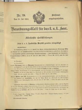 Kaiserlich-königliches Armee-Verordnungsblatt: Personal-Angelegenheiten 19040728 Seite: 1