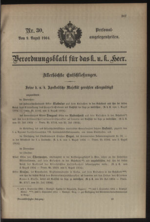 Kaiserlich-königliches Armee-Verordnungsblatt: Personal-Angelegenheiten 19040809 Seite: 1