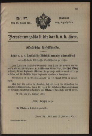 Kaiserlich-königliches Armee-Verordnungsblatt: Personal-Angelegenheiten 19040818 Seite: 23