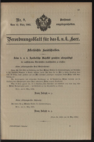 Kaiserlich-königliches Armee-Verordnungsblatt: Personal-Angelegenheiten 19050313 Seite: 1