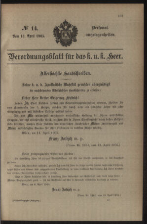 Kaiserlich-königliches Armee-Verordnungsblatt: Personal-Angelegenheiten 19050413 Seite: 1