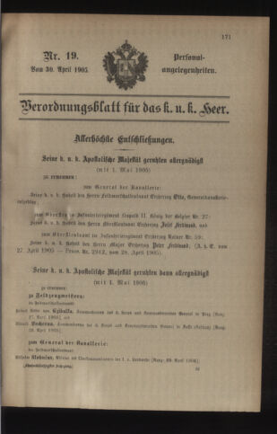 Kaiserlich-königliches Armee-Verordnungsblatt: Personal-Angelegenheiten 19050430 Seite: 19