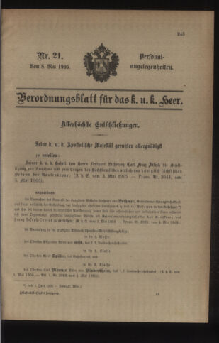 Kaiserlich-königliches Armee-Verordnungsblatt: Personal-Angelegenheiten 19050508 Seite: 1