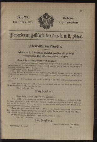 Kaiserlich-königliches Armee-Verordnungsblatt: Personal-Angelegenheiten 19050617 Seite: 1