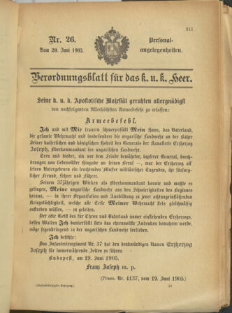 Kaiserlich-königliches Armee-Verordnungsblatt: Personal-Angelegenheiten 19050620 Seite: 1