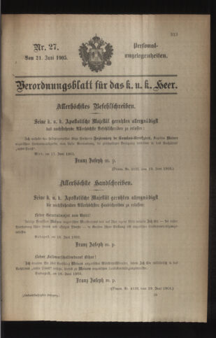 Kaiserlich-königliches Armee-Verordnungsblatt: Personal-Angelegenheiten 19050621 Seite: 1