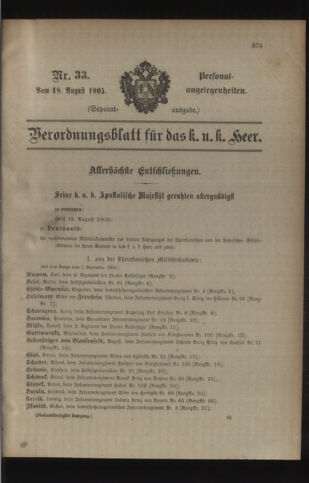 Kaiserlich-königliches Armee-Verordnungsblatt: Personal-Angelegenheiten 19050818 Seite: 1