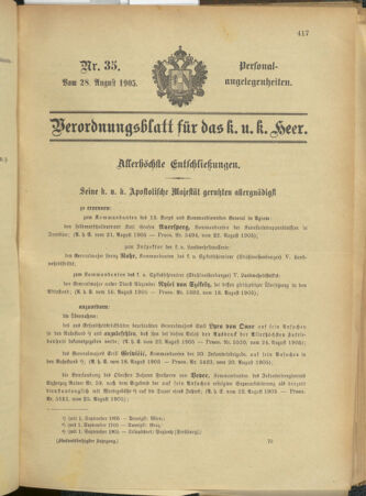 Kaiserlich-königliches Armee-Verordnungsblatt: Personal-Angelegenheiten 19050828 Seite: 1