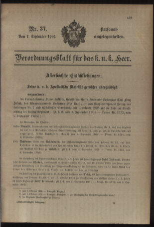 Kaiserlich-königliches Armee-Verordnungsblatt: Personal-Angelegenheiten 19050907 Seite: 1