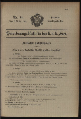 Kaiserlich-königliches Armee-Verordnungsblatt: Personal-Angelegenheiten 19051007 Seite: 1