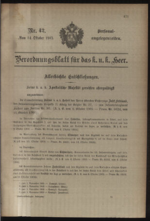 Kaiserlich-königliches Armee-Verordnungsblatt: Personal-Angelegenheiten 19051014 Seite: 1